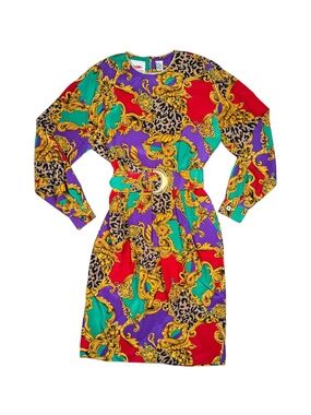 Baroque Turquoise Red Purple Leopard Print Color Block 1980s Vintage Silk Dress